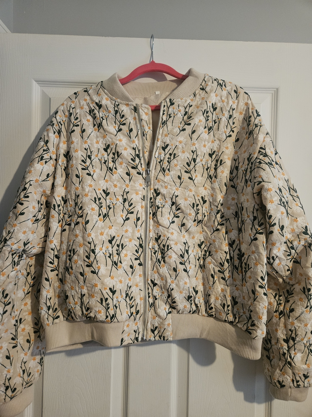 Cream Floral Quilted Bomber Jacket
